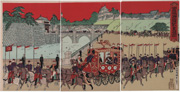 Illustration of [The Emperor’s Carriage] Departing the Imperial Palace [over] Nijūbashi